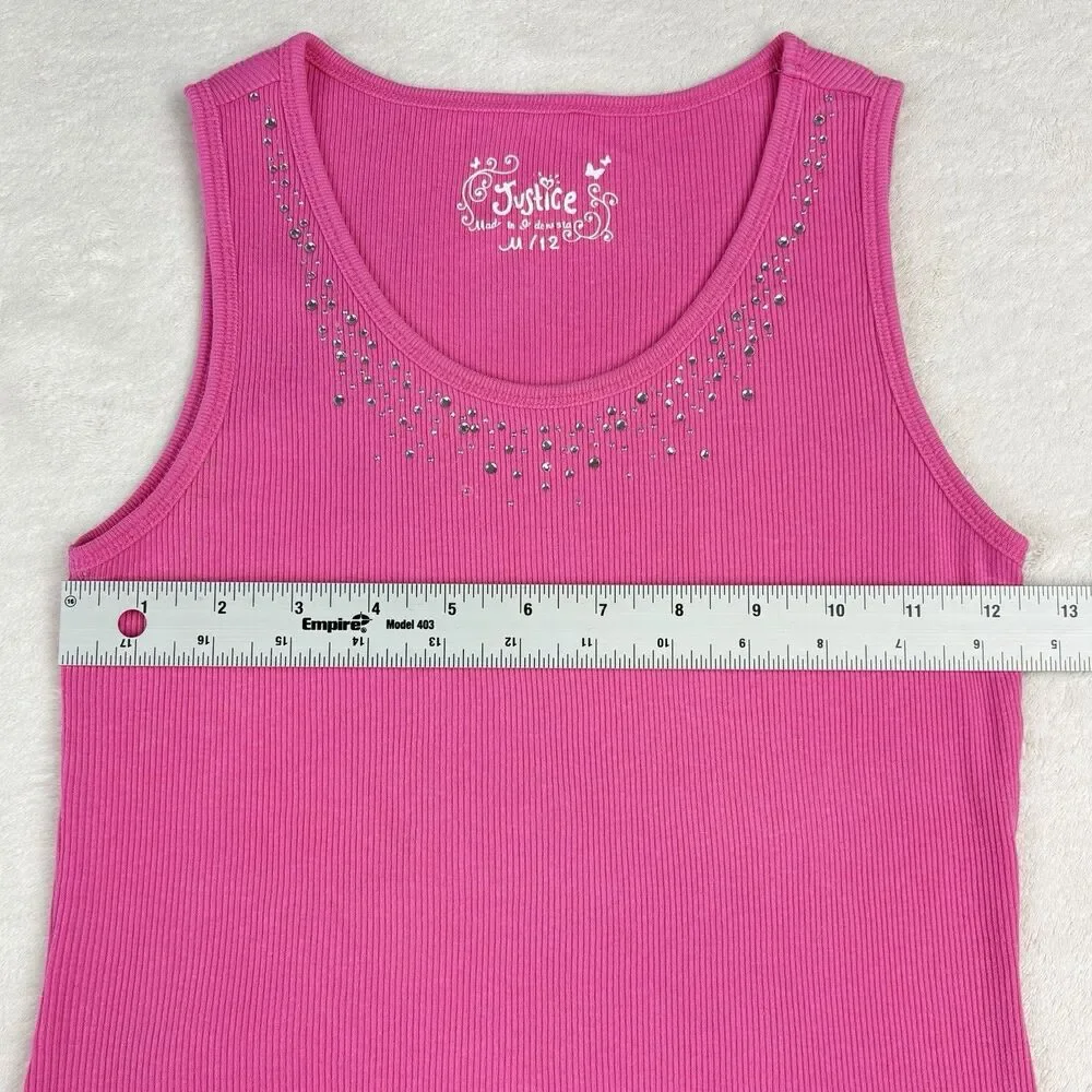 Vintage Y2K Justice Ribbed Tank Girls M Hot Pink Rhinestones Kawaii Bella Swan